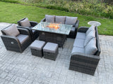 Gas Fire Pit Table Set Rattan Garden Furniture 10 Seater Outdoor Lounger Sofa Reclining Chairs Footstool with Cushions for Lawn, Patio,Conservatory,Dark Grey Mixed