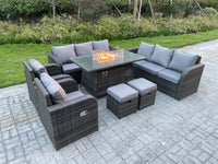 Gas Fire Pit Table Set Rattan Garden Furniture 10 Seater Outdoor Lounger Sofa Reclining Chairs Footstool with Cushions for Lawn, Patio,Conservatory,Dark Grey Mixed