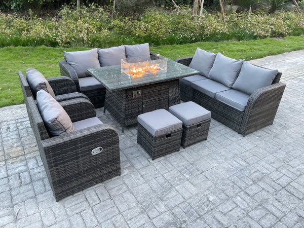 Gas Fire Pit Table Set Rattan Garden Furniture 10 Seater Outdoor Lounger Sofa Reclining Chairs Footstool with Cushions for Lawn, Patio,Conservatory,Dark Grey Mixed