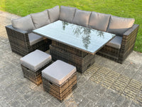 Dark Mixed Grey Rattan Garden Furniture Corner Sofa Set Adjustable Dining Or Coffee Table Right Corner 8 Seats