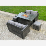 Rattan Outdoor Furniture Gas Fire Pit Rectangle Dining Table Gas Heater Loveseat Sofa Small Footstools Sets 6 seater