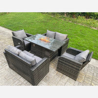 Rattan Outdoor Furniture Gas Fire Pit Rectangle Dining Table Gas Heater Reclining Chairs Loveseat sofa Sets 6 seater