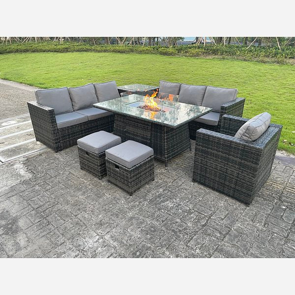 Outdoor Rattan Garden Furniture Gas Fire Pit Dining Table Gas Heater Sets Lounge Chairs Small Footstools Dark Mixed Grey 9 seater