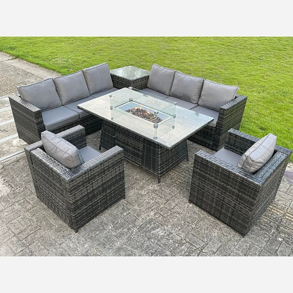 Outdoor Rattan Garden Corner Furniture Gas Fire Pit Dining Table Gas Heater Sets Lounge Chairs Side table Dark Grey 8 seater