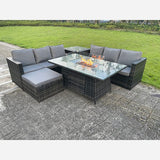 Outdoor Rattan Garden Furniture Gas Fire Pit Dining Table Sets Gas Heater Lounge Big Footstool Dark Mixed Grey 7 seater