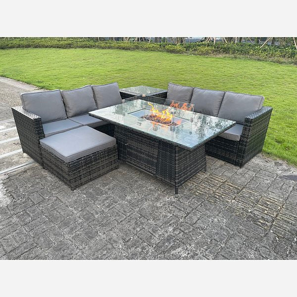 Outdoor Rattan Garden Furniture Gas Fire Pit Dining Table Sets Gas Heater Lounge Big Footstool Dark Mixed Grey 7 seater