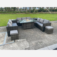 Outdoor Rattan Garden Corner Furniture Gas Fire Pit Table Gas Heater Sets Side Tables Small Footstools Dark Grey 11 seater