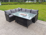 High Back Corner Rattan Garden Furniture Sofa Gas Fire Pit Dining Table Gas Heater Sets 6 seater