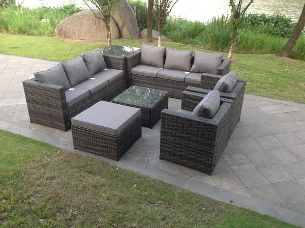 9 Seater Dark Grey Mix Rattan Garden Furniture Set Outdoor Footstool Coffee Table