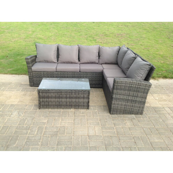 High Back Rattan Corner Sofa Set Oblong Coffee Table Outdoor Furniture dark Grey Right Option