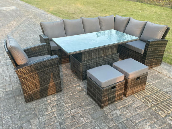 High Back Rattan Garden Furniture Corner Sofa Sets Adjustable Rising Table Dark Mixed Grey 9 seater right corner