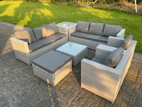 9 Seater light Grey Rattan Sofa Set Chairs 2 Coffee Table Footstool Outdoor Garden Furniture