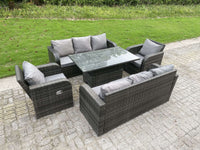 Rattan Garden Furniture Set  8 Seater Lounge Patio Sofa with Cushions Glass Rising Adjustable Table Sets Dark Grey Mixed