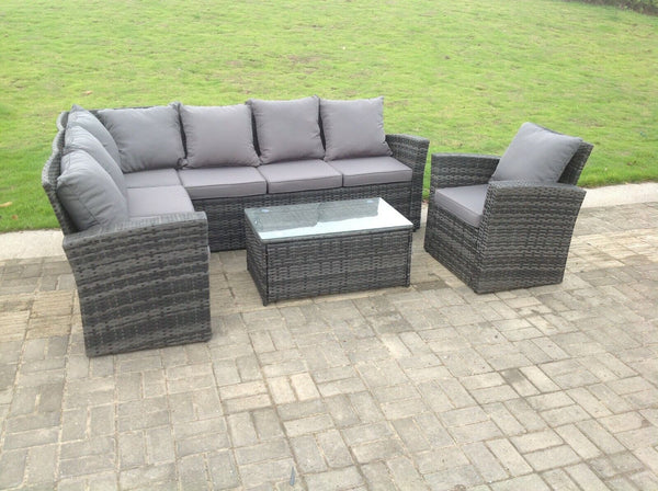 High Back Rattan Corner Sofa Set Oblong Coffee Table Outdoor Furniture Dark Grey Left Option Extra Chair