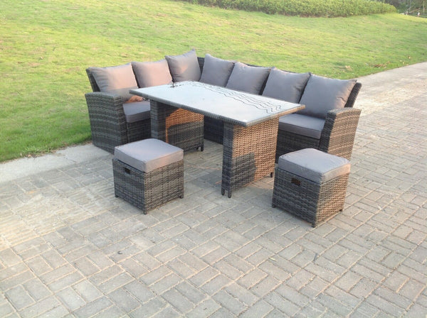 High Back Grey Mixed Rattan Corner Sofa Dining Set Table With Stools  8 Seater  left  corner