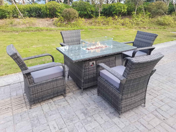 4 Seater Rattan Garden Furniture Set Polyrattan Sofa Gas Fire Pit Rectangle Dining Table Gas Heater And Dining Chairs
