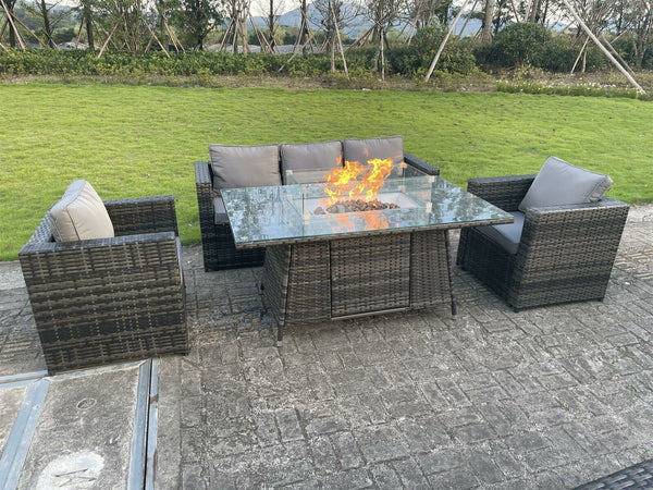 Wicker 5 Seater Rattan Garden Furniture Gas Fire Pit Table Gas Heater Sets
