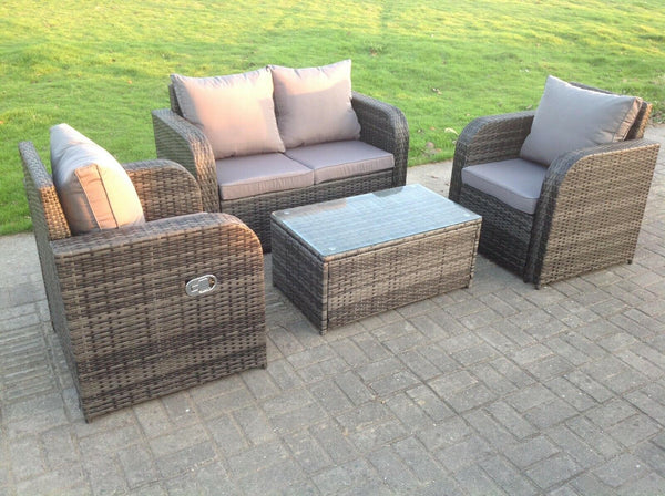 Grey Wicker Rattan Garden Furniture Set Lounge Sofa Reclining Chair Outdoor rectangular coffee table 4 Seater
