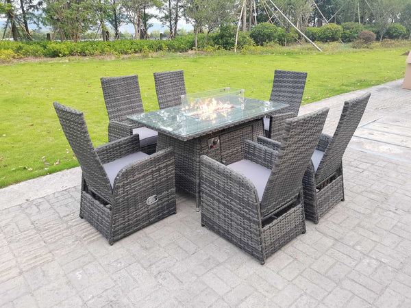 Rattan Outdoor Furniture Gas Fire Pit Rectangle Dining Table Gas Heater Reclining Chair Sets 6 seater
