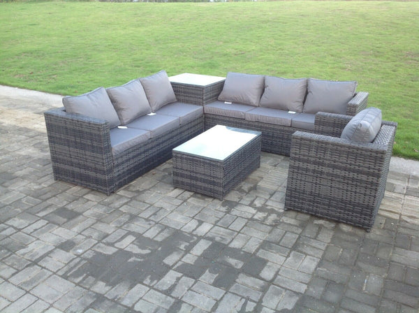 Grey Rattan Sofa Outdoor Garden Furniture Coffee Table Set Patio With Cushions With Extra Chair