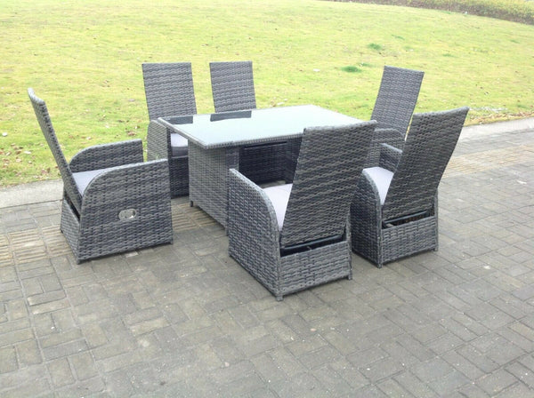 Dark Grey Mixed Outdoor Wicker Rattan Garden Furniture Reclining Chair And Table Dining Sets 6 Seater Rectangular Black Tempered Table