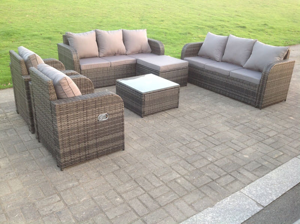 Grey Wicker Rattan Garden Furniture Set Lounge Sofa Reclining Chair Outdoor Big footstool  6 Seater square table