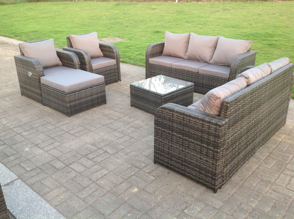 Grey Wicker Rattan Garden Furniture Set Lounge Sofa Reclining Chair Outdoor Big Footstools  9 Seater