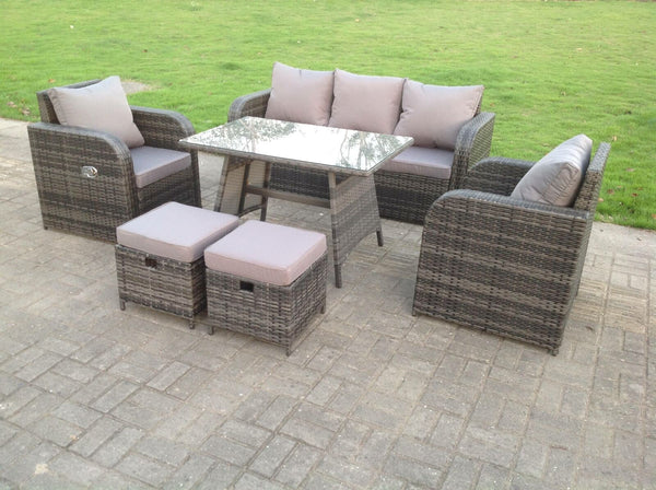 Grey Wicker Rattan Garden Furniture Set Lounge Sofa Reclining Chair Dining Table Outdoor Small footstools  7 Seater