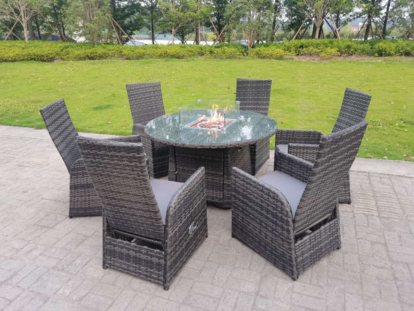 Rattan Outdoor Furniture Gas Fire Pit Big Round Dining Table Gas Heater Reclining Chair Sets 6 seater