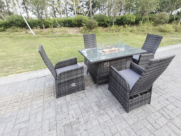 Rattan Outdoor Furniture Gas Fire Pit Rectangle Dining Table Gas Heater Reclining Chair Sets 4 seater