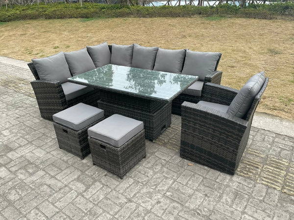 High Back Rattan Garden Furniture Corner Sofa Sets Adjustable Rising Table Dark Mixed Grey 9 seater left corner