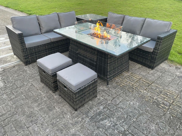 Outdoor Rattan Garden Furniture Gas Fire Pit Table Sets Gas Heater Lounge Chairs Dark Grey 8 seater