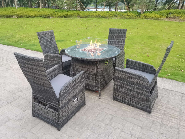 Rattan Outdoor Furniture Gas Fire Pit Medium sized Round Dining Table Gas Heater Reclining Chair Sets 4 seater