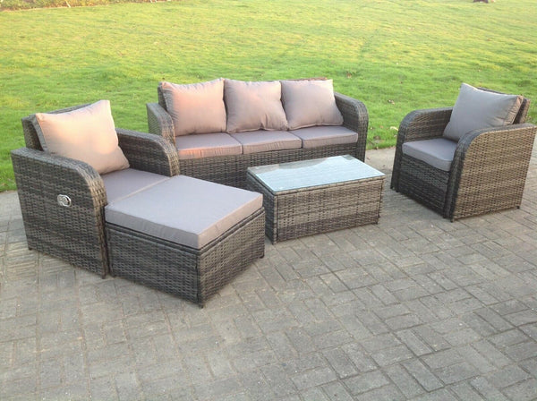 Grey Wicker Rattan Garden Furniture Set Lounge Sofa Reclining Chair Outdoor Big footstool  6 Seater oblong table