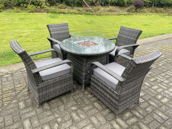 Rattan Garden Furniture Gas Fire Pit Round Dining Table Gas Heater And Dining Chairs 4 Seater