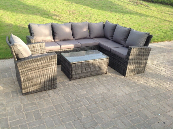 High Back Rattan Corner Sofa Set Oblong Coffee Table Outdoor Furniture dark Grey Right Option Extra chair