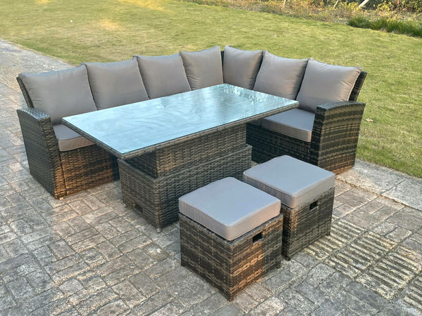 High Back Rattan Garden Furniture Corner Sofa Sets Adjustable Rising Table Dark Mixed Grey 8 seater right corner