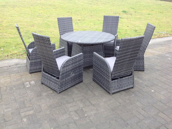 Dark Grey Mixed Outdoor PE Wicker Rattan Garden Furniture Reclining Chair And Table Dining Sets 6 Seater Round Table