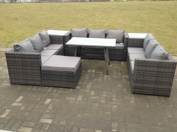 10 Seater U Shape Rattan Sofa Set Outdoor Garden Furniture Patio Dining Table Dark Grey Mixed