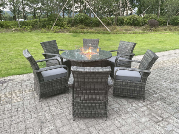Rattan Garden Furniture Gas Fire Pit Round Dining Table Gas Heater And Dining Chairs 6 Seater